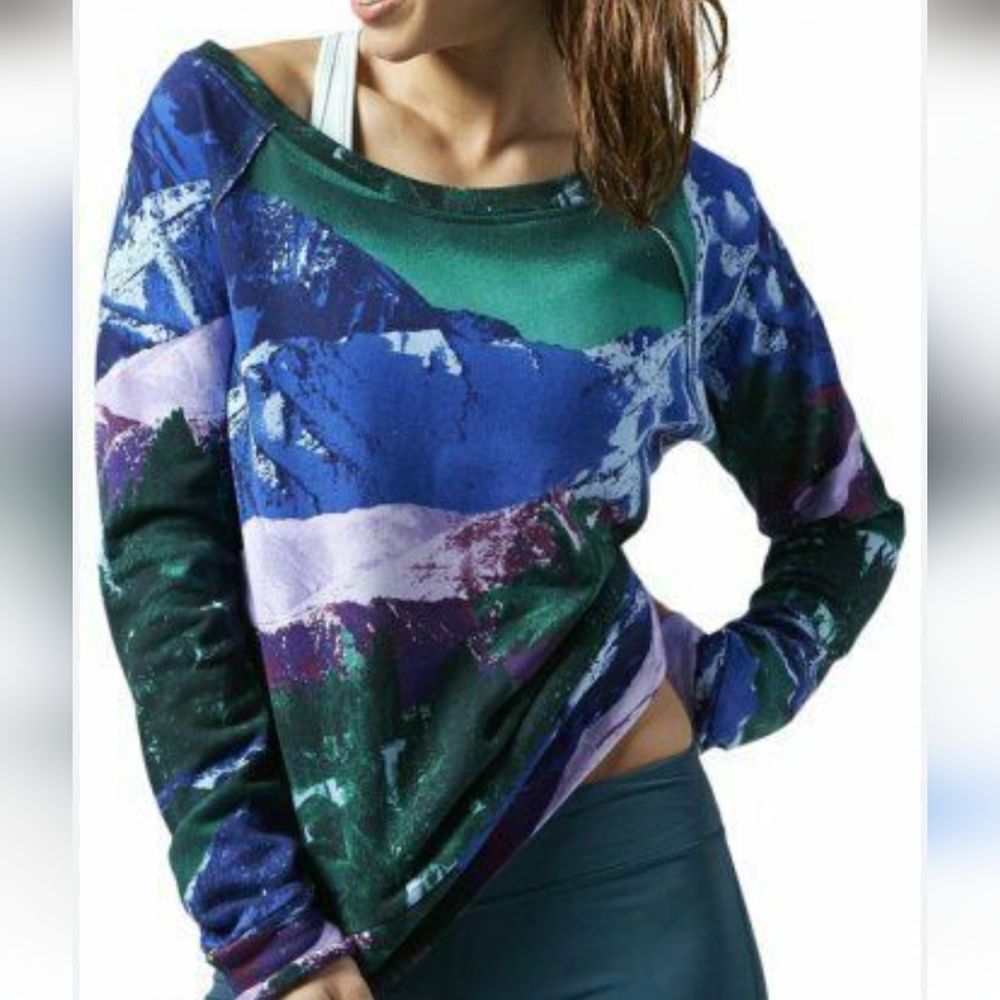 Reebok Palm Tree Off The Shoulder Sweatshirt Blue Green